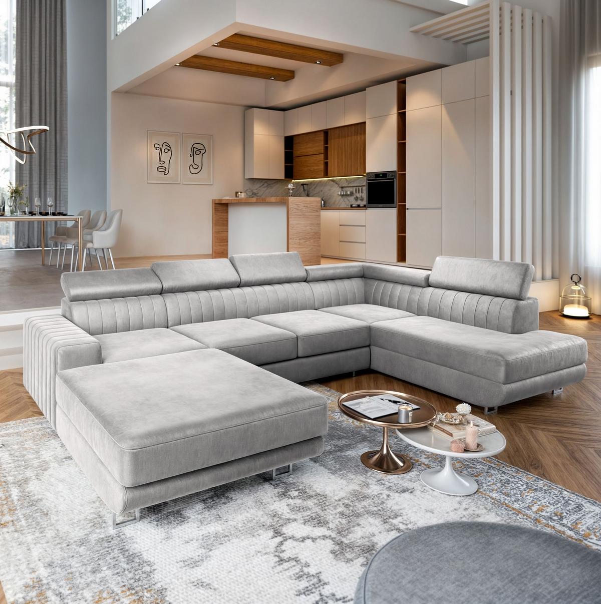 WOHNLANDSCHAFT SIENA R-S Hellgrau Velours-Stoff mit Schlaffunktion - Silberfarben/Hellgrau, Holz/Textil (335/89/190cm) - MASSENO