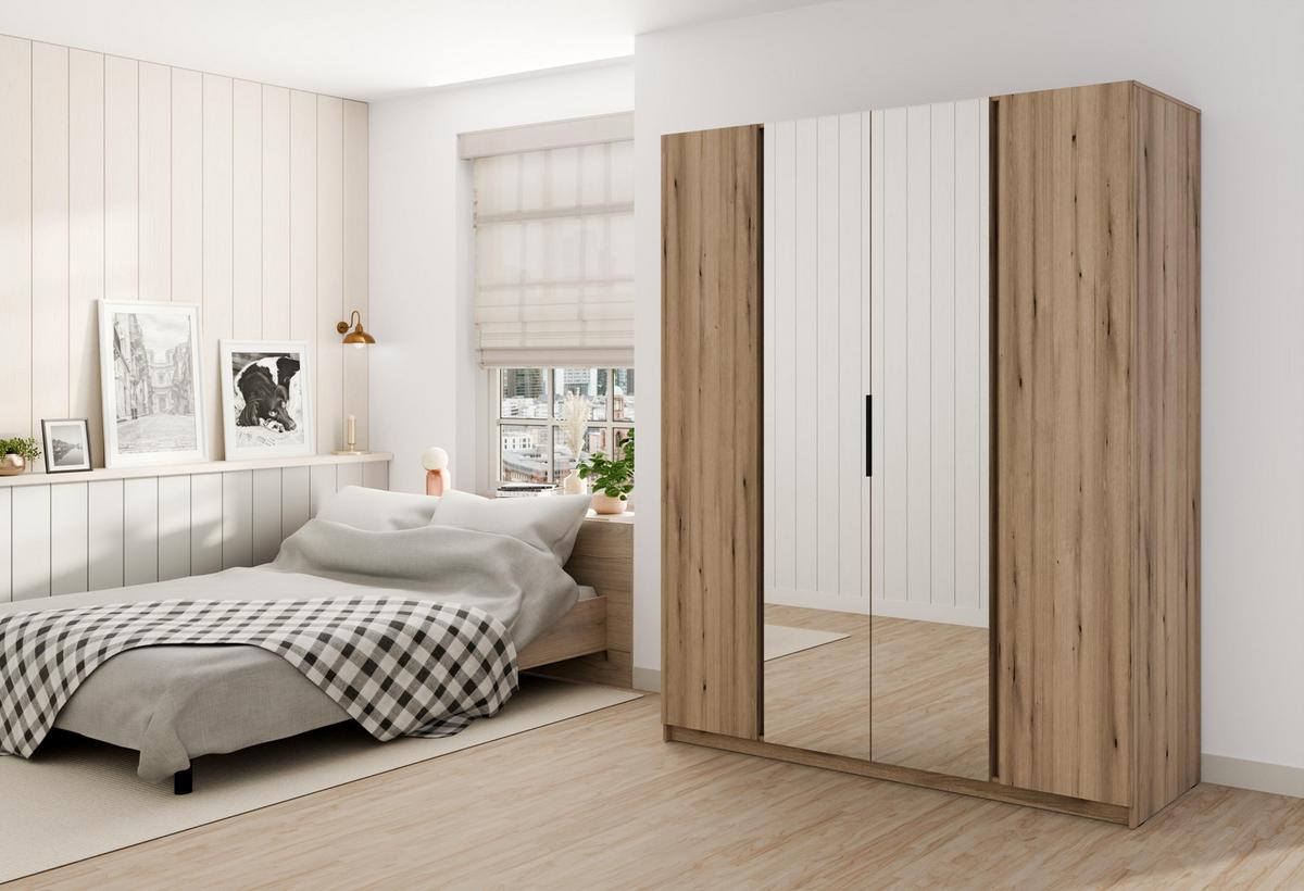 KLEIDERSCHRANK Nehir Eiche Evoke 200 cm - 4T Modern mit 2 Spiegeln mittig - Eichefarben, Holzwerkstoff/Kunststoff (200/239/61.9cm) - AX Living