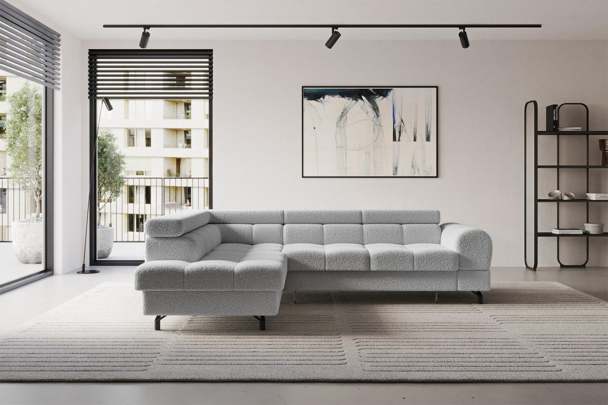 ECKSOFA mit Schlaffunktion Ottomane Links LUMA-L 272x203x70 Hellgrau Bouclé - Edelstahlfarben/Schwarz, Holzwerkstoff/Kunststoff (272/203cm) - ALTDECOR