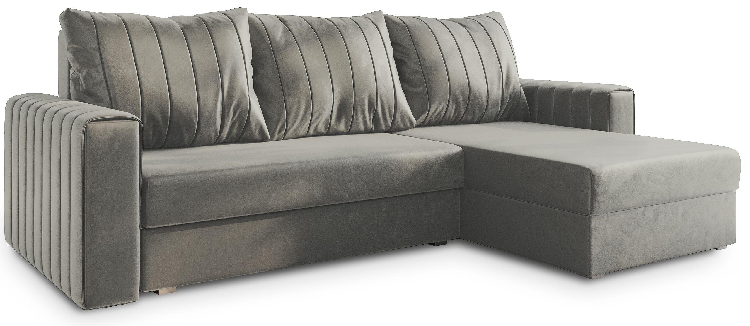 ECKSOFA CARL Hellgrau Plüsch-Stoff mit Schlaffunktion - Hellgrau/Grau, Holz/Kunststoff (236/150cm) - MASSENO