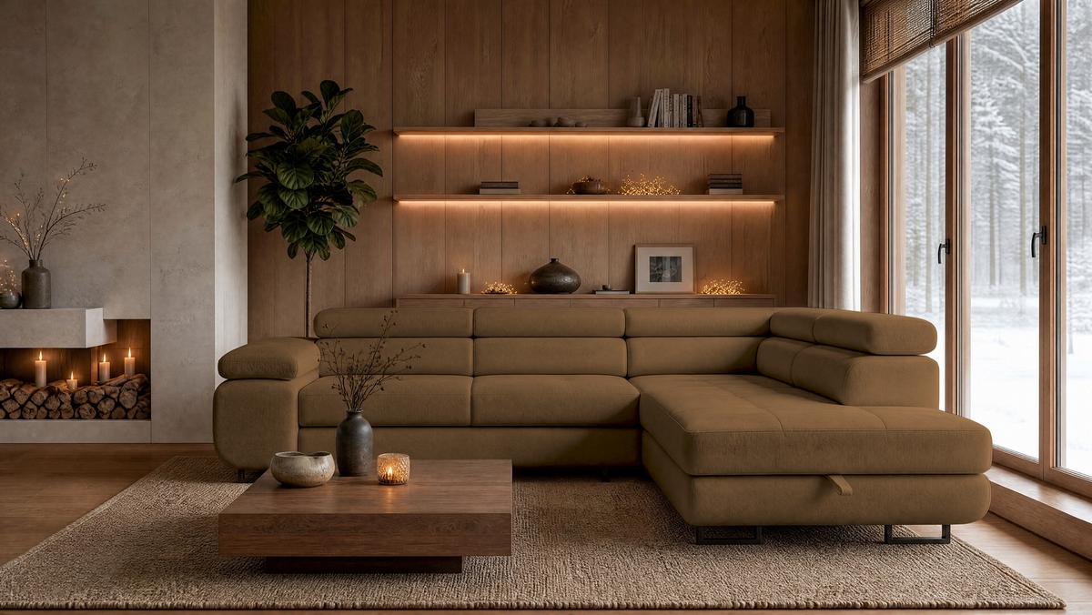 ECKSOFA Velmo mit Bettkasten und Schlaffunktion, verstellbaren Kopfstützen, in L-Form - Braun, Textil (275/203cm)