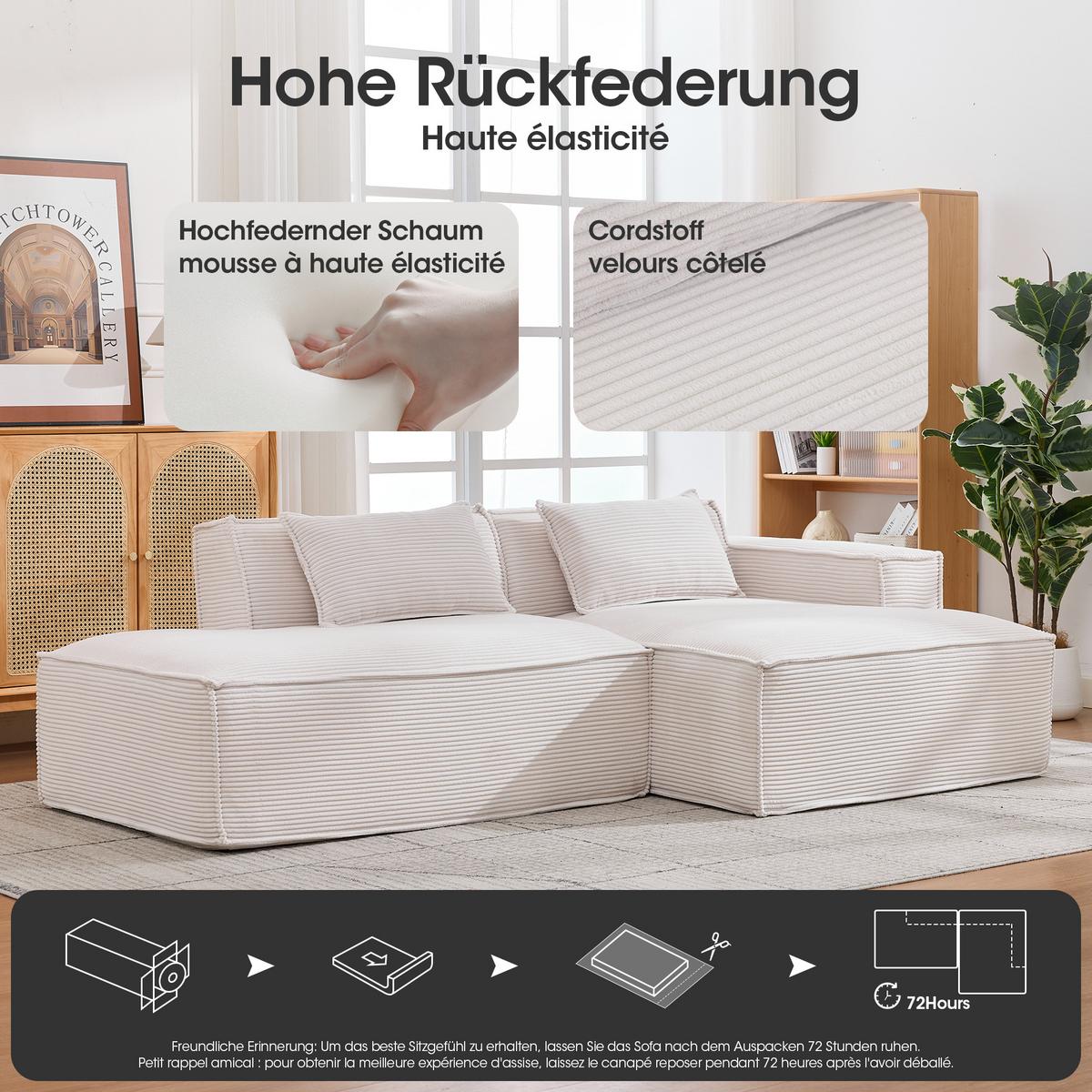 ECKSOFA gepolstert mit taschenfederkern & 2 kissen - Beige, Textil (235/129cm) - Urban Meuble