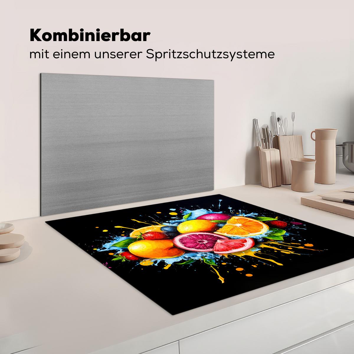 HERDABDECKPLATTE Obst - Graffiti - Bunt - Orange - Erdbeere - Abstrakt Induktionsmatte 78x78 cm - Orange, Kunststoff (78/78/0.2cm) - MuchoWow