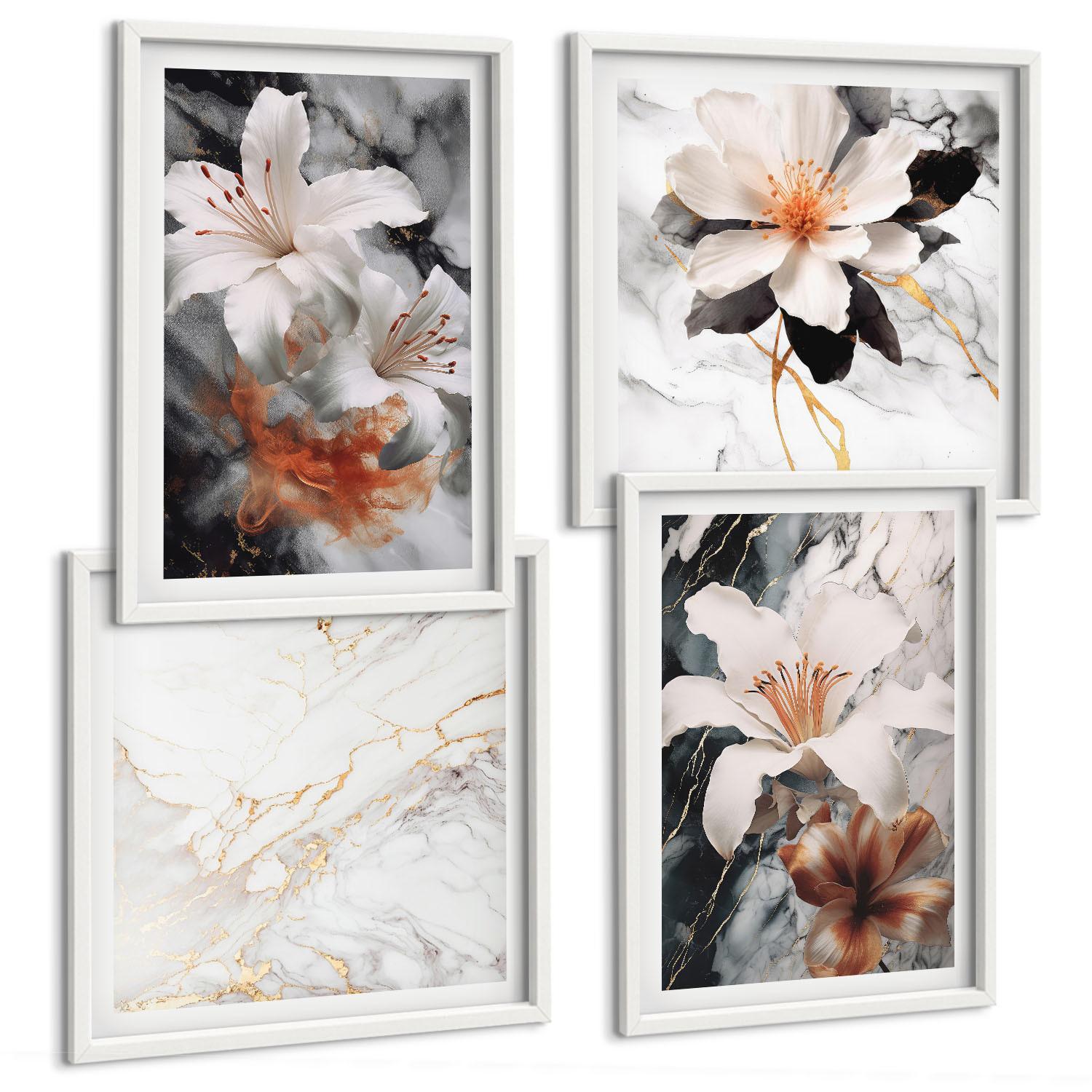 BILDER SET 4er Set - 50x50 cm & 40x60 cm Weißer Rahmen - Blumen Marmor weiß schwarz - Weiß, Kunststoff (50/50cm) - TULUP