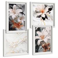 BILDER SET 4er Set - 50x50 cm & 40x60 cm Weißer Rahmen - Blumen Marmor weiß schwarz - Weiß, Kunststoff (50/50cm) - TULUP