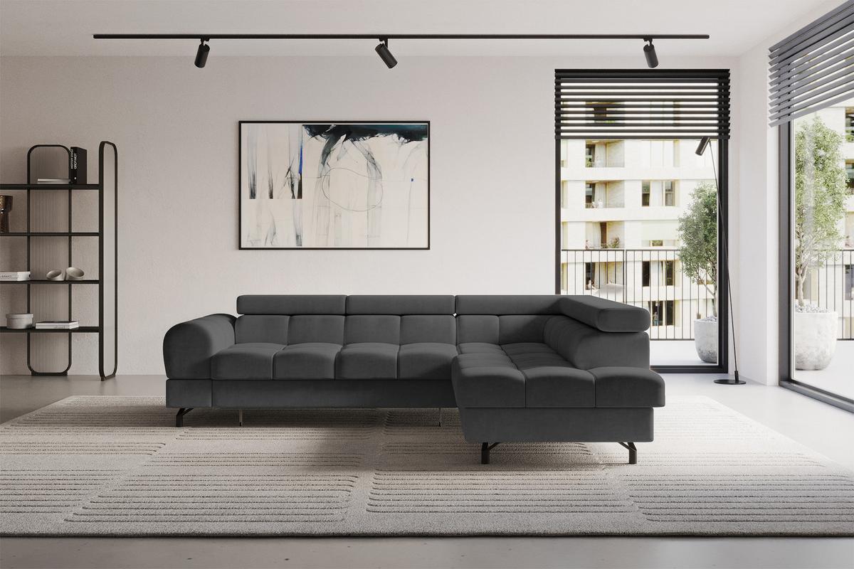 ECKSOFA mit Schlaffunktion Ottomane Rechts LUMA-L 272x203x70 Dunkelgrau Velours - Dunkelgrau/Schwarz, Holzwerkstoff/Kunststoff (203/272cm) - ALTDECOR