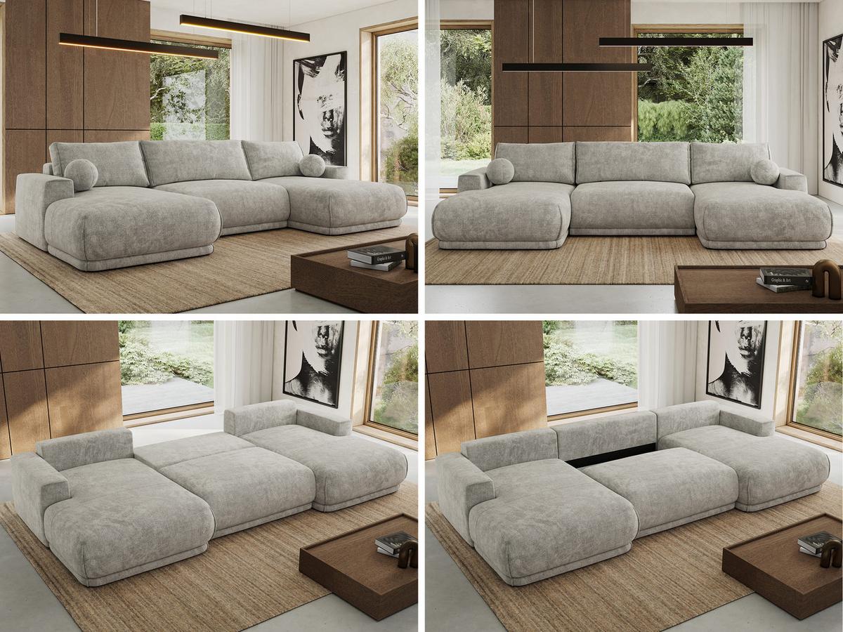 WOHNLANDSCHAFT RINA U Hellgrau Schenille grob gewebt - Hellgrau/Schwarz, Kunststoff/Textil (360/85/170cm) - MKS