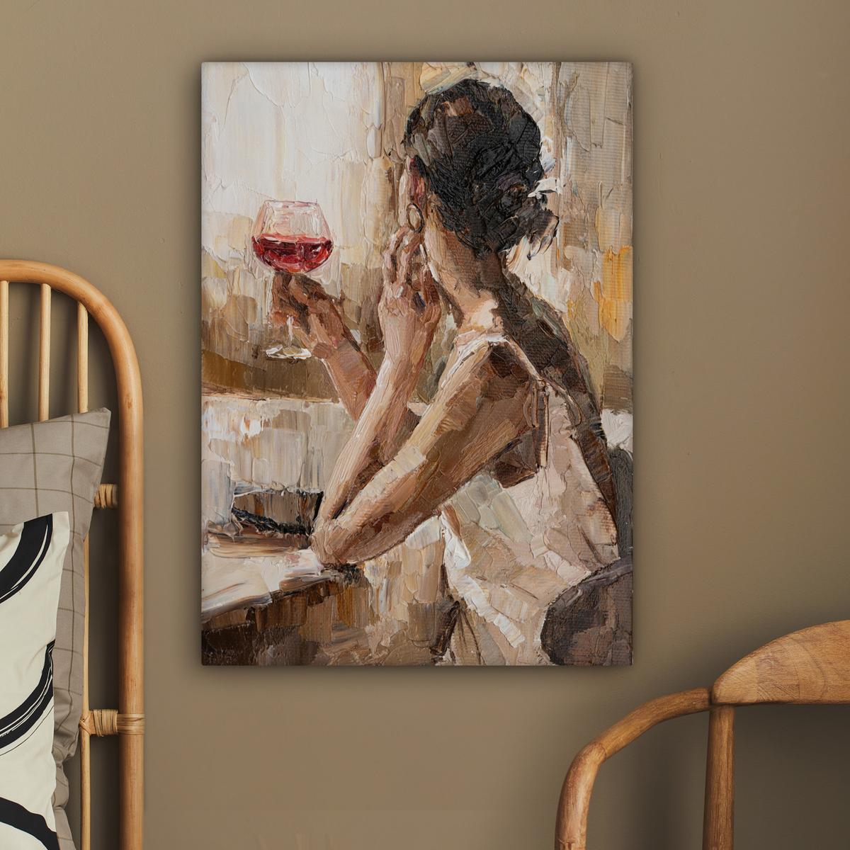 LEINWANDBILD Ölgemälde - Frau - Wein Wandbild Wohnzimmer 60x80 cm - Hellbraun, Textil (60/80cm) - MuchoWow