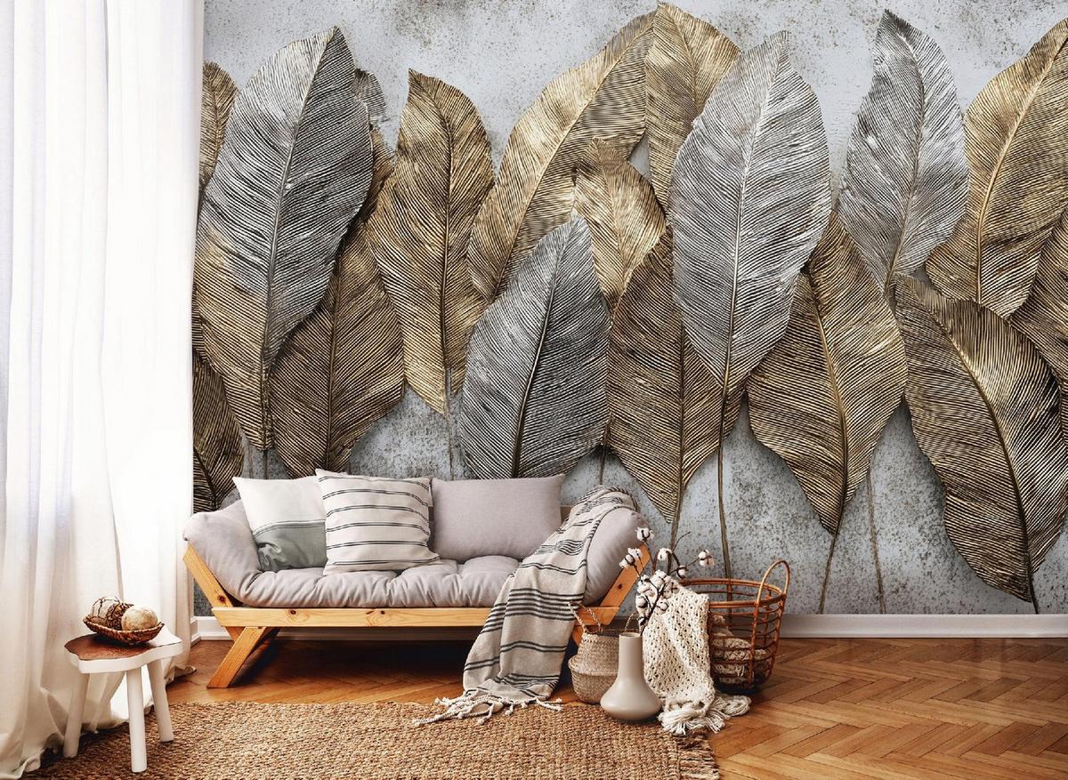 FOTOTAPETE Blätter Federn 3D Effekt Wohnzimmer 150x105 - Multicolor, Papier (150/105cm) - Wallarena