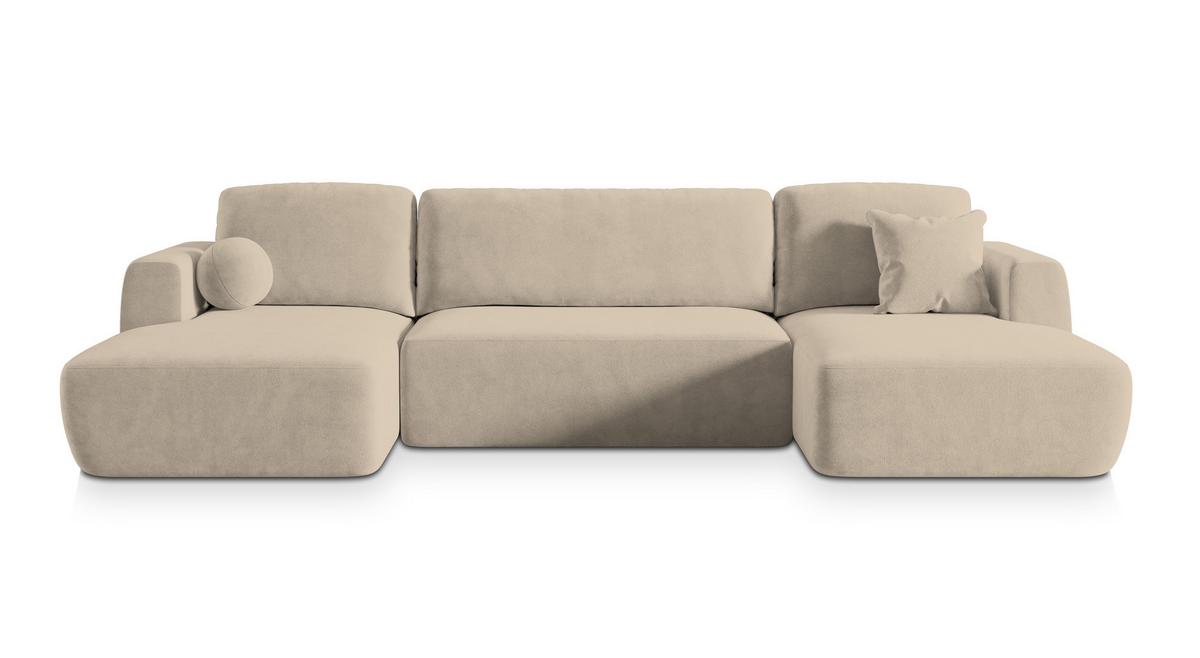 WOHNLANDSCHAFT SENTUM K Beige Plüsch-Stoff mit Schlaffunktion - Beige/Schwarz, Holz/Kunststoff (330/90/148cm) - MASSENO