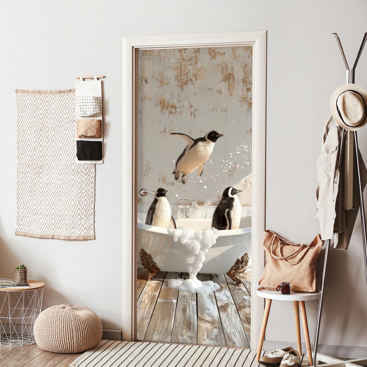 TÜRAUFKLEBER Vintage - Pinguin - Badewanne - Schaumstoff Fototapete 75x205 cm - Türtapete - Hellbraun, Kunststoff (75/0.1/205cm) - MuchoWow