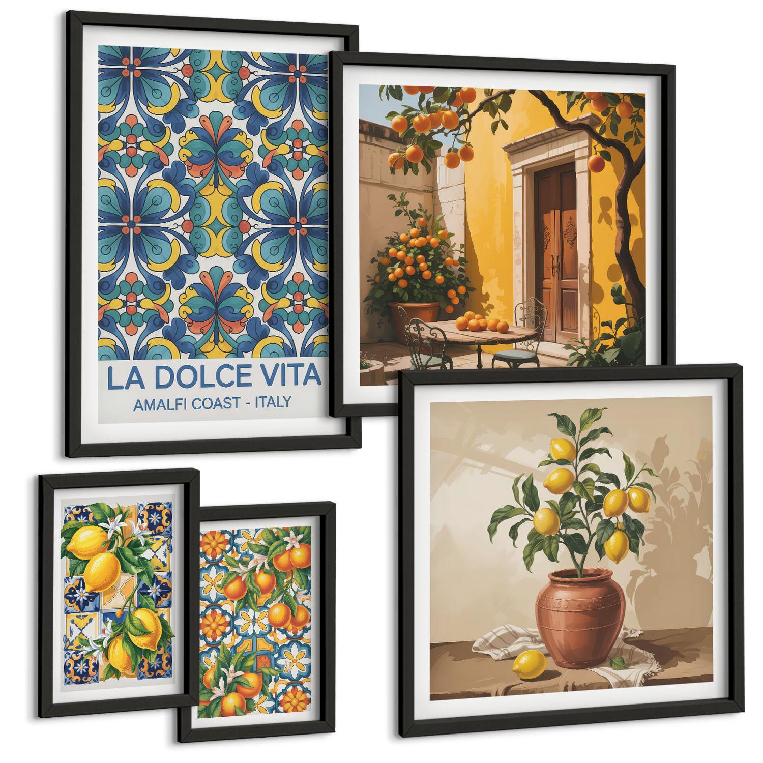 BILDER SET 5er Set - 50x50 cm & 20x30 cm & 40x60 cm Schwarzer Rahmen - Zitronen, Blumen, Orangen, Italien - Schwarz, Kunststoff (40/60cm) - TULUP