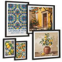 BILDER SET 5er Set - 50x50 cm & 20x30 cm & 40x60 cm Schwarzer Rahmen - Zitronen, Blumen, Orangen, Italien - Schwarz, Kunststoff (40/60cm) - TULUP