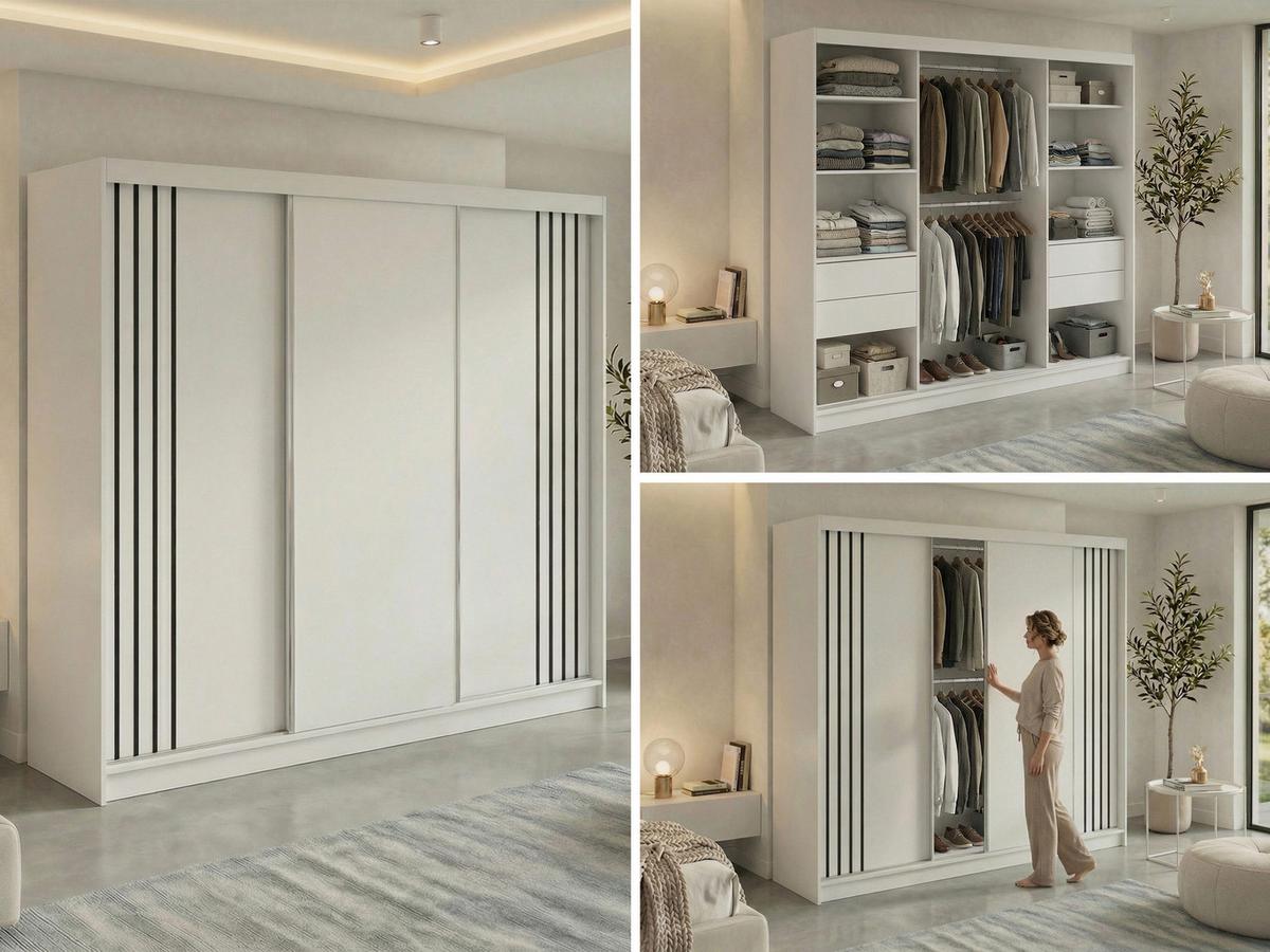 SCHWEBETÜRENSCHRANK mit Lamellen und Schubladen NAURU - 240 - Weiß und Schwarz - Schwarz/Alufarben, Holzwerkstoff/Metall (240/216/61cm) - MKS