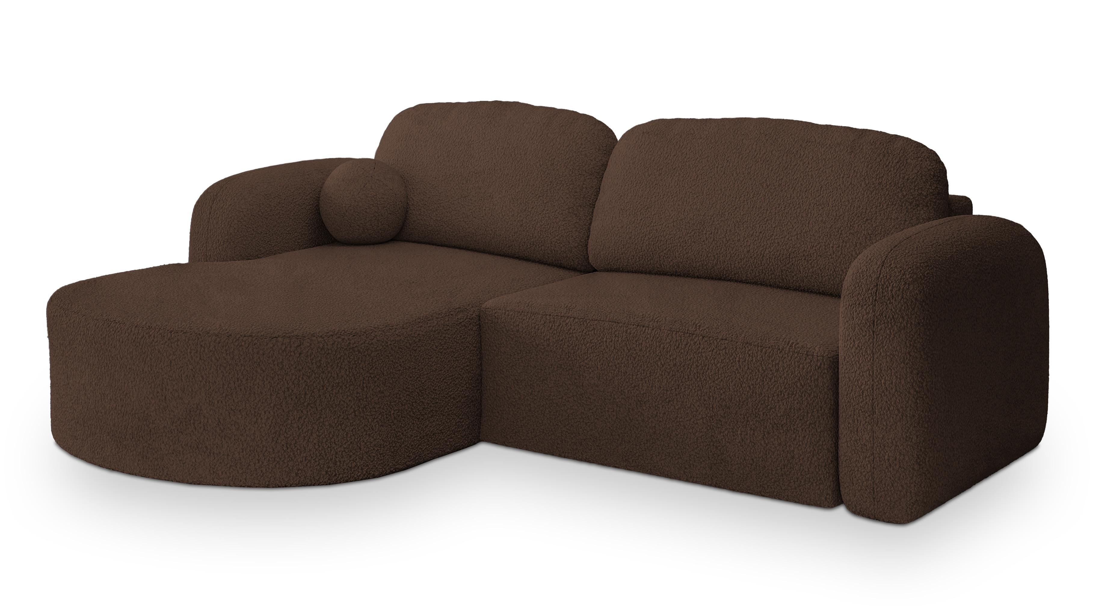 ECKSOFA AMILIA L-S Braun Boucle-Stoff mit Schlaffunktion - Braun, Holz (263/174cm) - MASSENO