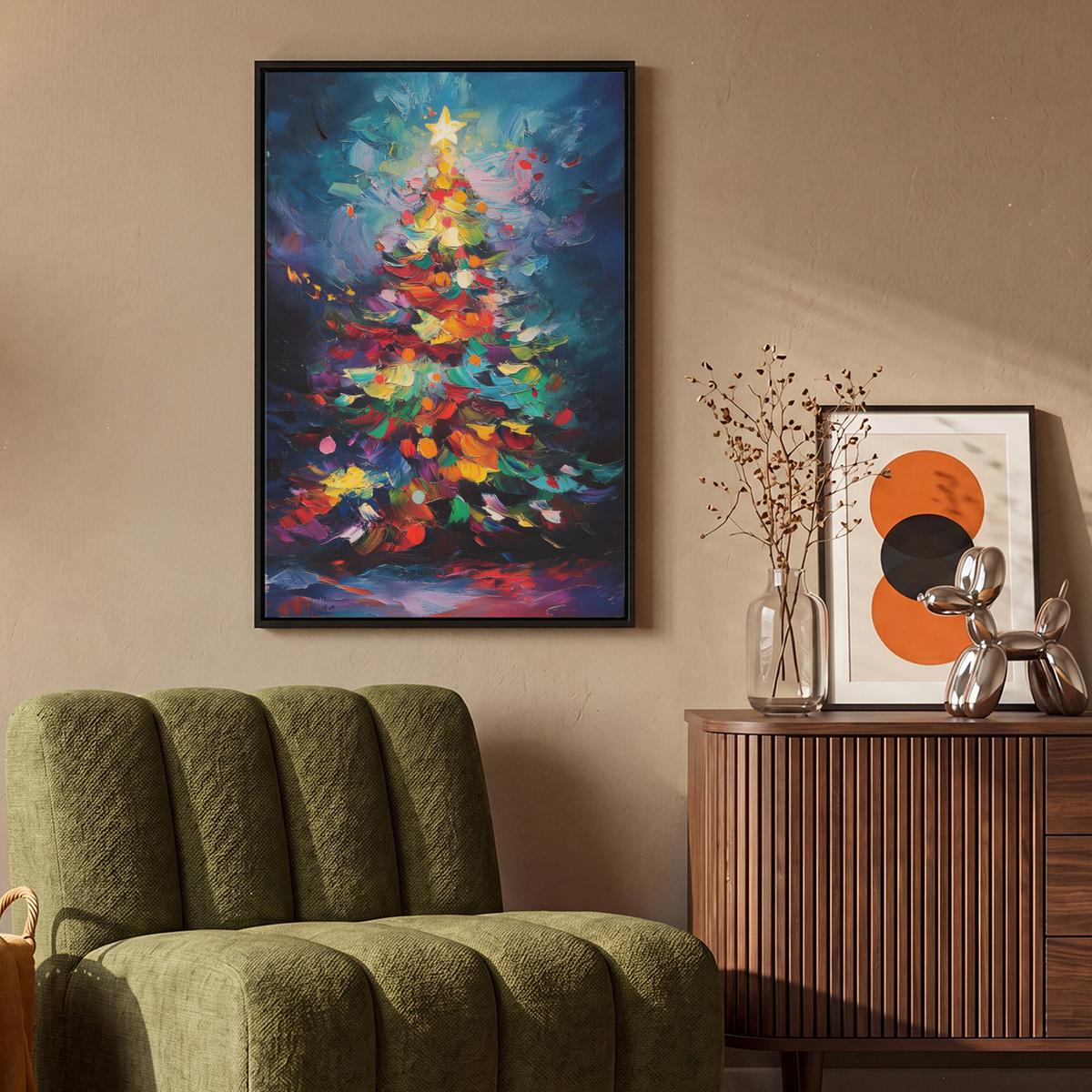 LEINWAND Bilder mit Rahmen - Weihnachtsbaum - Weihnachten - Abstrakt - Farbenfroh - 60x90 - Multicolor, Textil (60/90cm) - MuchoWow