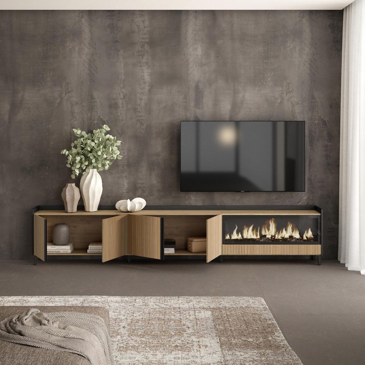 LOWBOARD, Eiche und Schwarz, 315/35/61cm, Elektrokamin XXL, Industriedesign - Eichefarben, Holzwerkstoff (315/61/35cm) - Skraut Home
