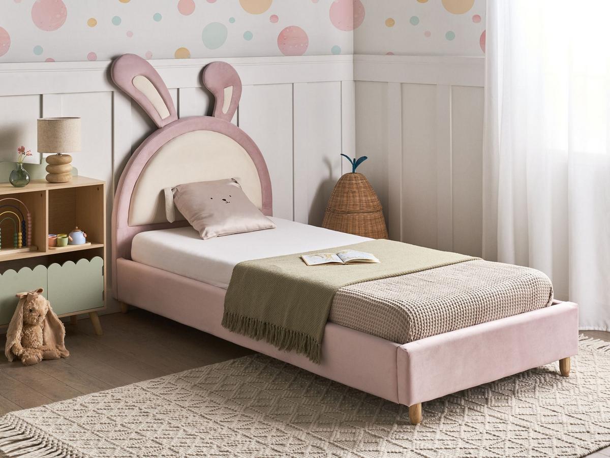 KINDERBETT Kaninchen Samtstoff 90/200 cm Rosa Lallias - Pink/Weiß, Textil (90/200cm) - Beliani