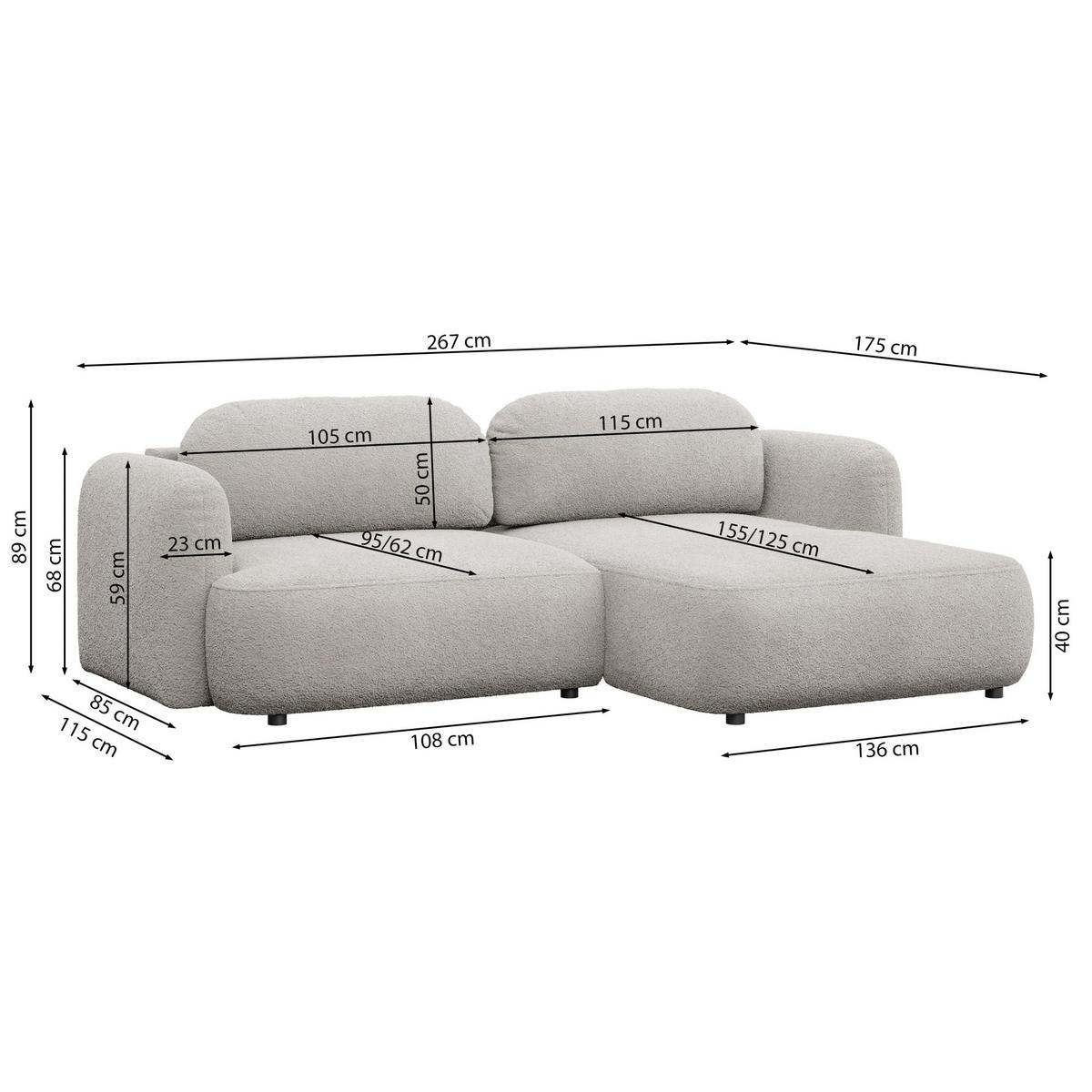 ECKSOFA Tvoya Hellbeige Bouclé - Ecru/Schwarz, Kunststoff/Textil (175/267cm) - Selsey