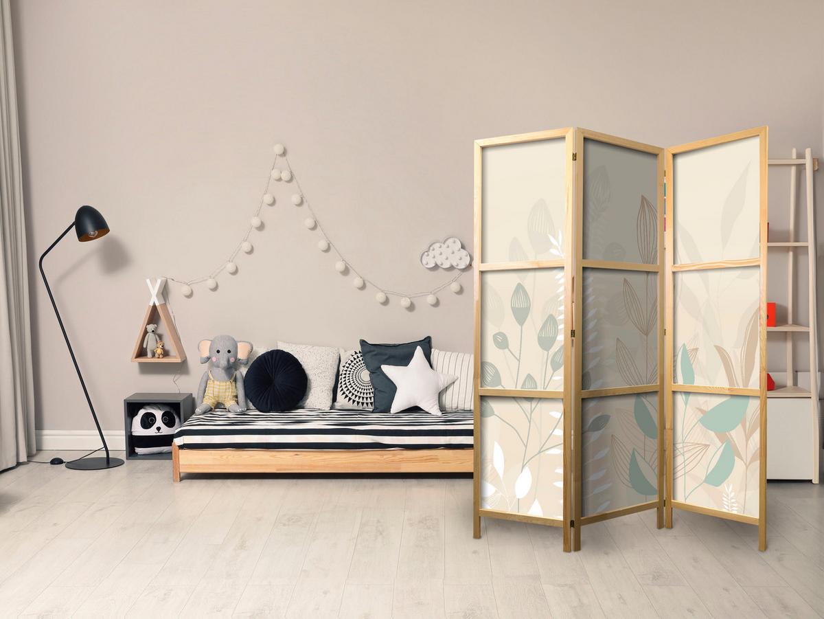PARAVENT Japanischer 3-tlg 135x172 cm Boho Pflanzen - Beige, Holz/Textil (135/172/3cm) - Muralo