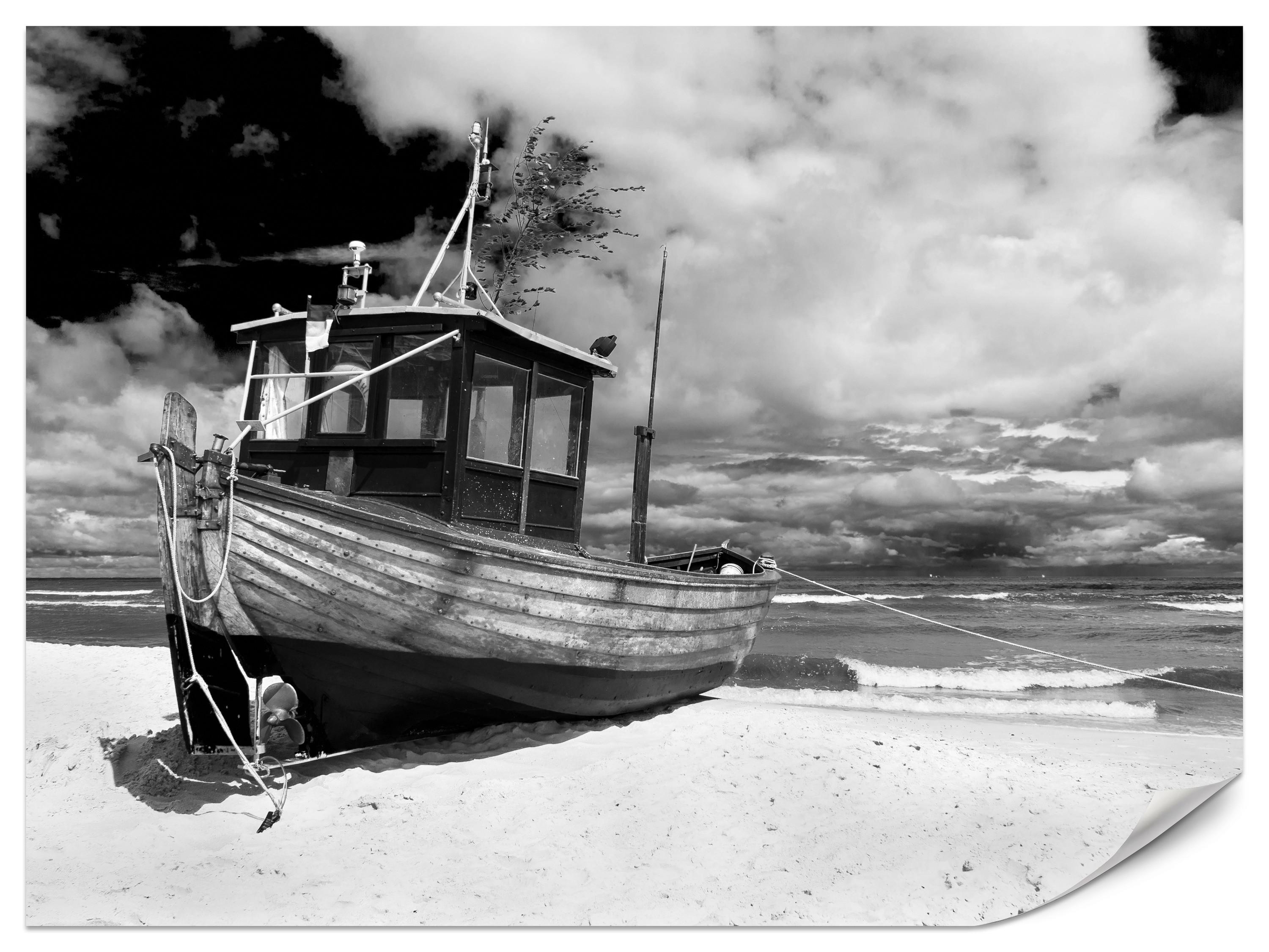 FOTOTAPETE für Wohnzimmer Schwarz-Weiß Boot Strand Meer 100x70 - Schwarz/Weiß, Papier (100/70cm) - Muralo