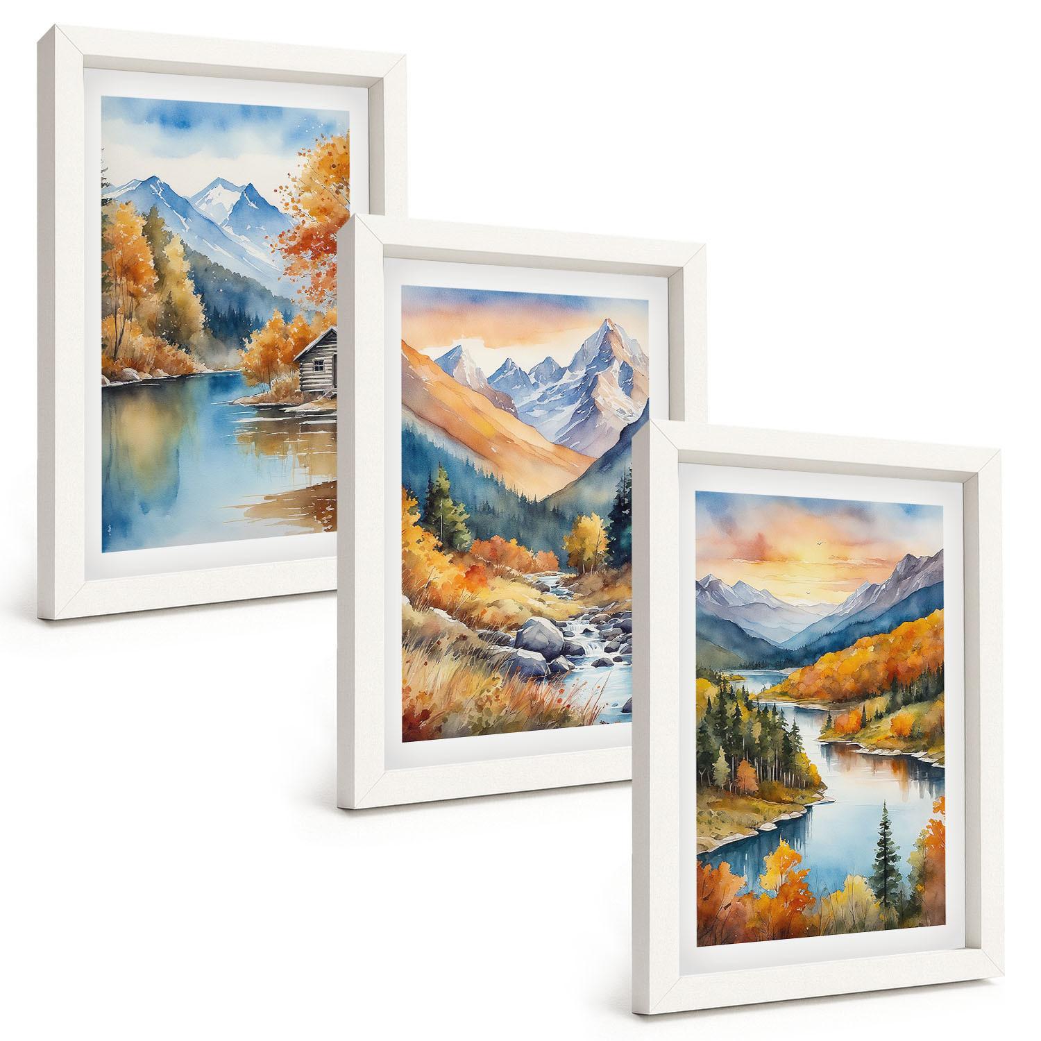 BILDER SET 3er Set - 20x30 cm Weißer Rahmen - Berglandschaft, Fluss, Herbst - Weiß, Kunststoff (20/30cm) - TULUP