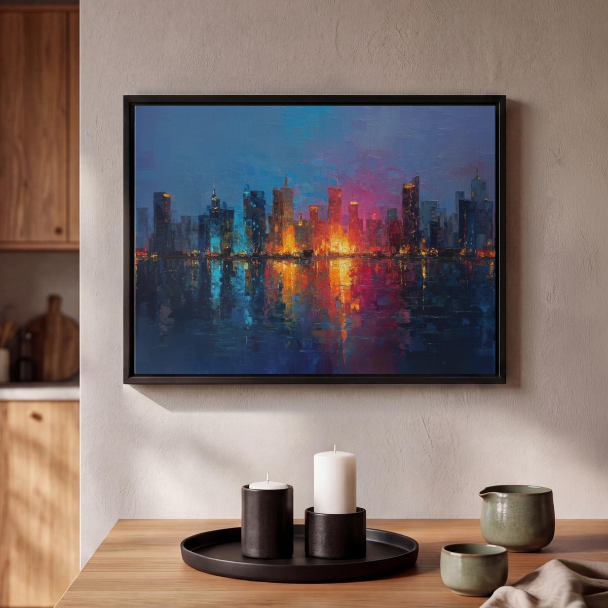 LEINWAND Bilder mit Rahmen - Skyline - Pinselstriche - Dunkelblau - Leuchtend - 40x30 - Blau, Textil (40/30cm) - MuchoWow