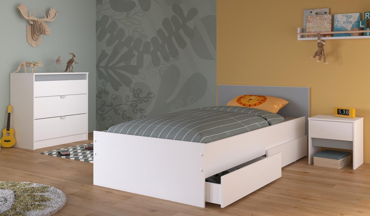 KINDERZIMMER weiß, grau oder rosa, Komplett-Set 4-teilig mit Stauraumbett 90x200 cm - Weiß, Holzwerkstoff (100/80/203cm) - Parisot Meuble