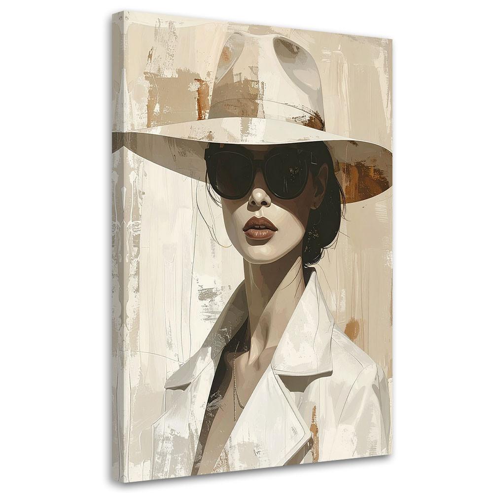 LEINWANDBILDER, Elegante Frau mit Hut und dunkler Brille - Weiß, Textil (80/120cm) - Feeby