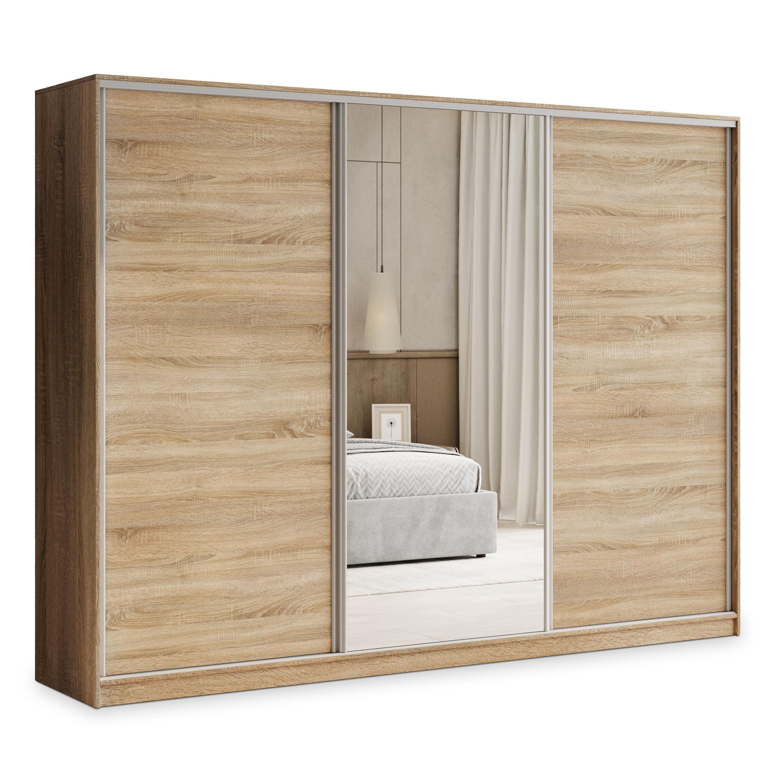 SCHWEBETÜRENSCHRANK TARI 235/205/58 cm 3-türig mit Spiegel und Schubladen Sonoma Eiche - Silberfarben/Sonoma Eiche, Holzwerkstoff (235/205/58cm) - MASSENO