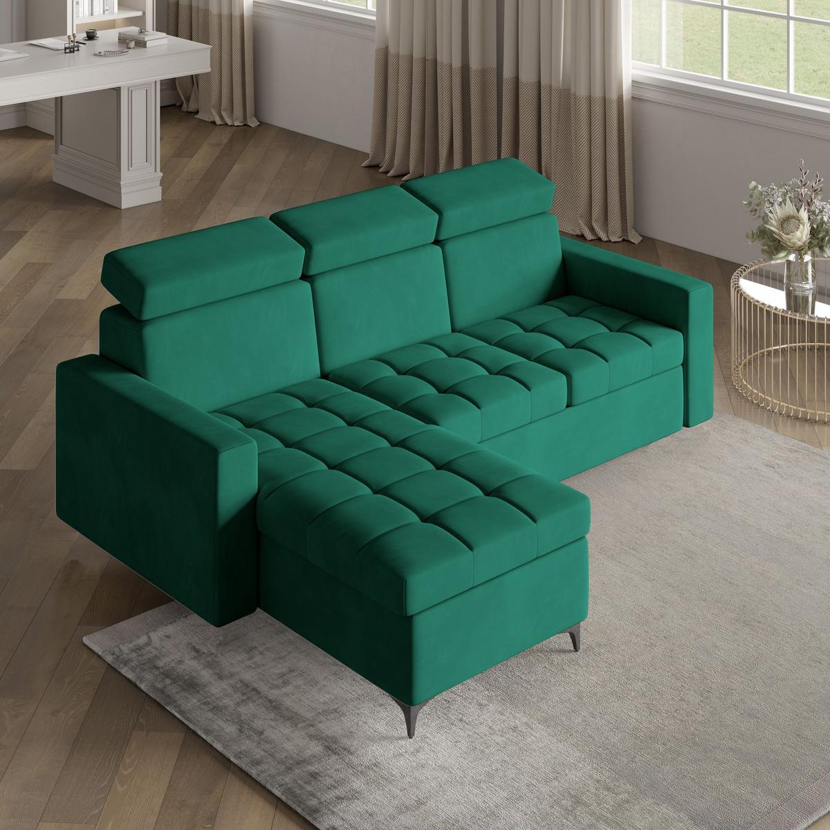 ECKSOFA KAME Grün Plüsch-Stoff mit Schlaffunktion - Schwarz/Grün, Holz/Textil (227/168cm) - MASSENO
