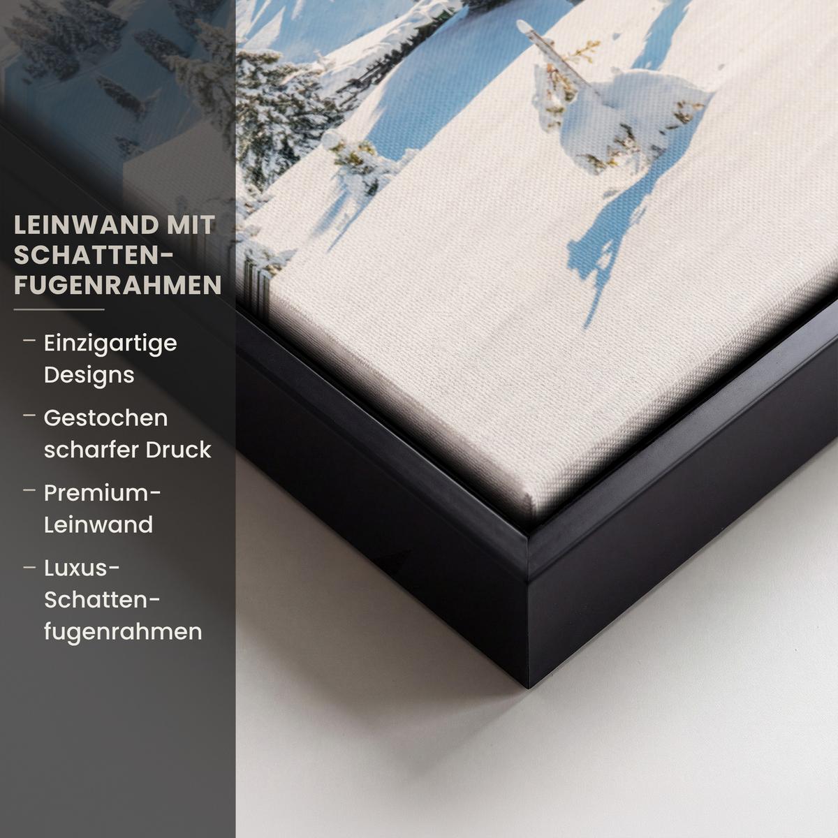LEINWAND Bilder mit Rahmen - Winter - Hütte - Berge - Aussicht - Schnee - 60x80 - Eichefarben, Textil (60/80cm) - MuchoWow
