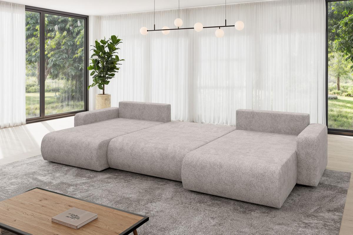 WOHNLANDSCHAFT mit Schlaffunktion und Bettkasten BERY-U 377x193x88 Hellgrau Velours - Hellgrau/Schwarz, Holzwerkstoff/Kunststoff (377/88/193cm) - ALTDECOR
