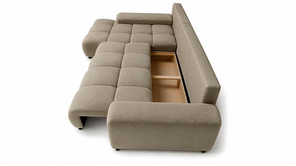 ECKSOFA Ovia mit Bettkasten und Schlaffunktion, Bouclé-Stoff in L-Form - Cappuccino, Textil (270/185cm)