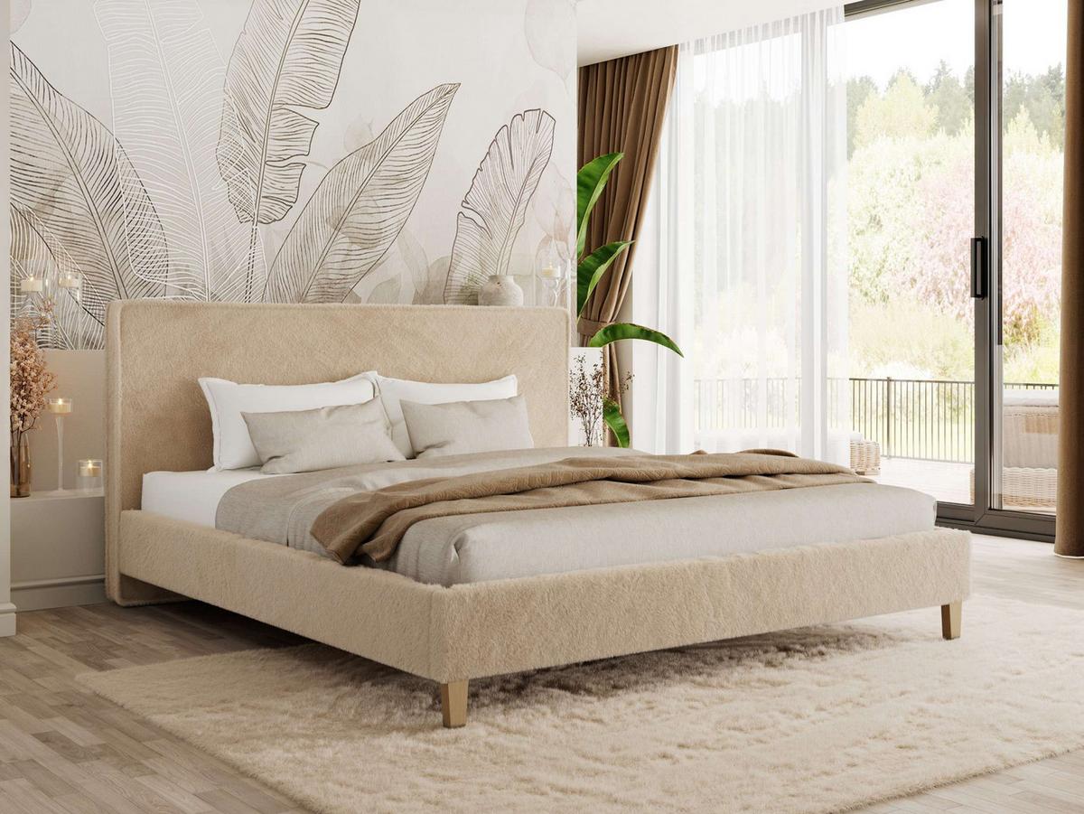 POLSTERBETT LUMARO CLASSIC 140/200 - Beige Plüsch - Matratze Pocket - Beige/Kernbuche, Holz/Textil (140/200cm) - MKS