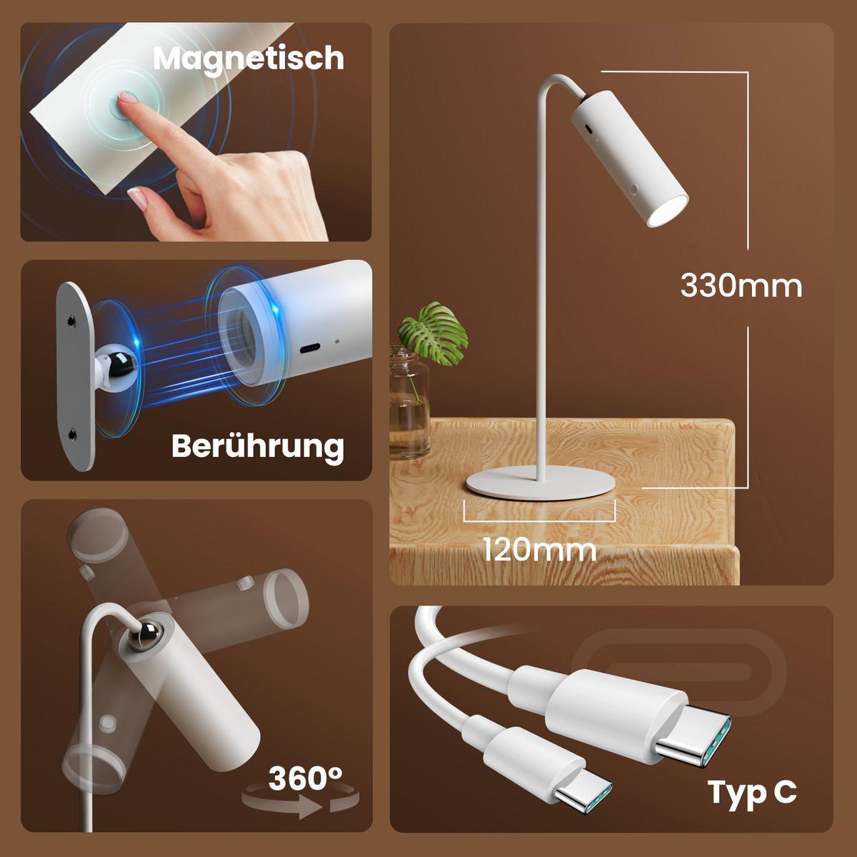 SCHREIBTISCHLAMPE LED Dimmbar Kabellos Weiß 32/12/12 cm - Weiß, Metall (33/12/33cm) - EMKE