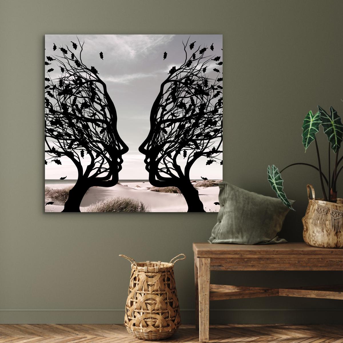 METALLBILD Strand - Meer - Menschen - Baum - Moderne Kunst 90x90 cm - Hellgrau, Metall (90/90cm) - MuchoWow