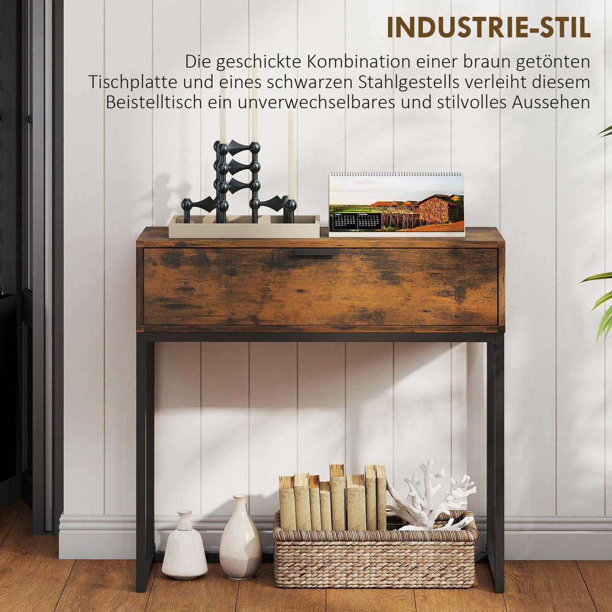 KONSOLENTISCH Spanplatte Stahl Rustikal-Braun - Schwarz/Braun, Holzwerkstoff/Metall (80/30/76cm) - HOMCOM