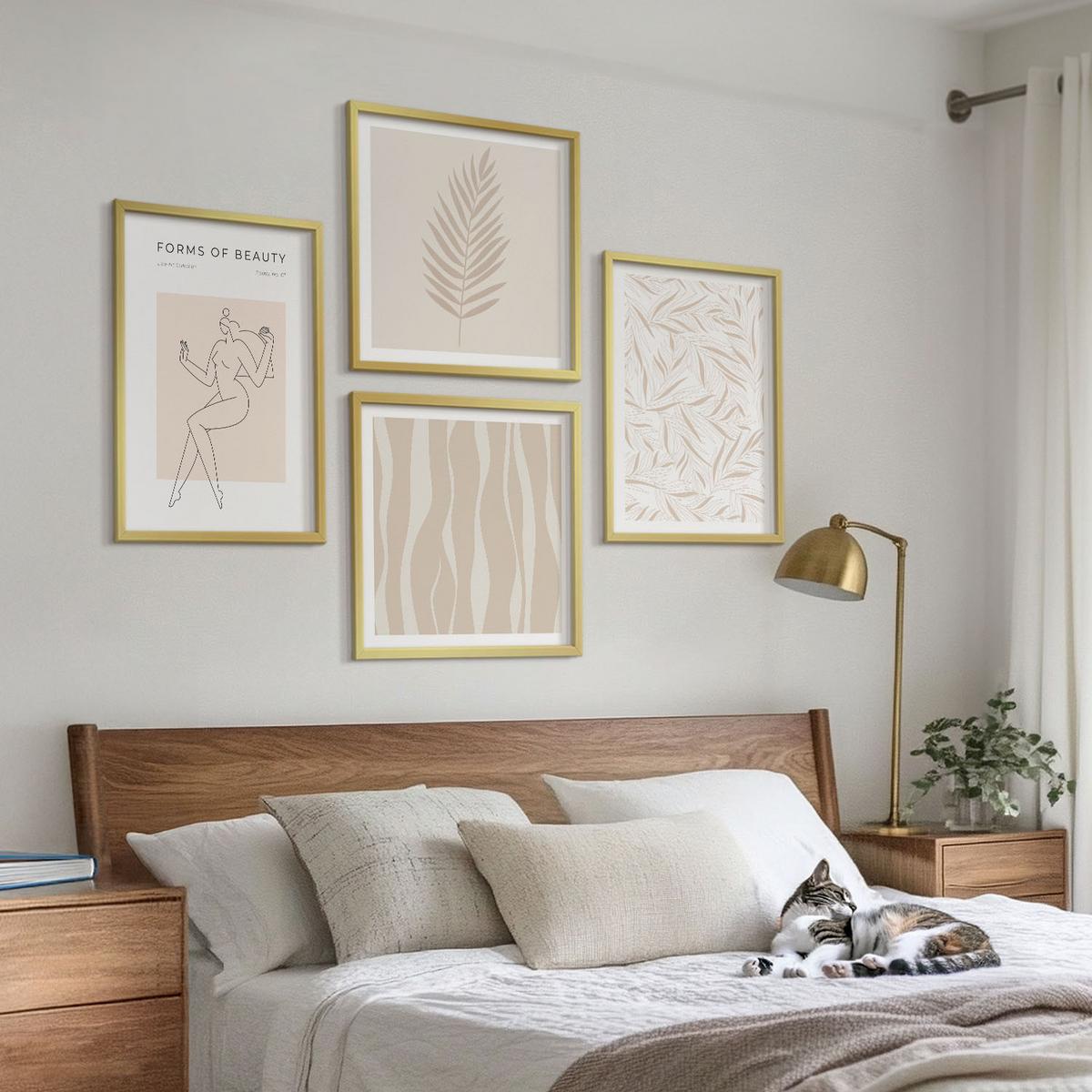 BILDER SET 4er Set - 50x50 cm & 40x60 cm Goldrahmen - Minimalistische Pflanzenmotive - Goldfarben, Kunststoff (50/50cm) - TULUP