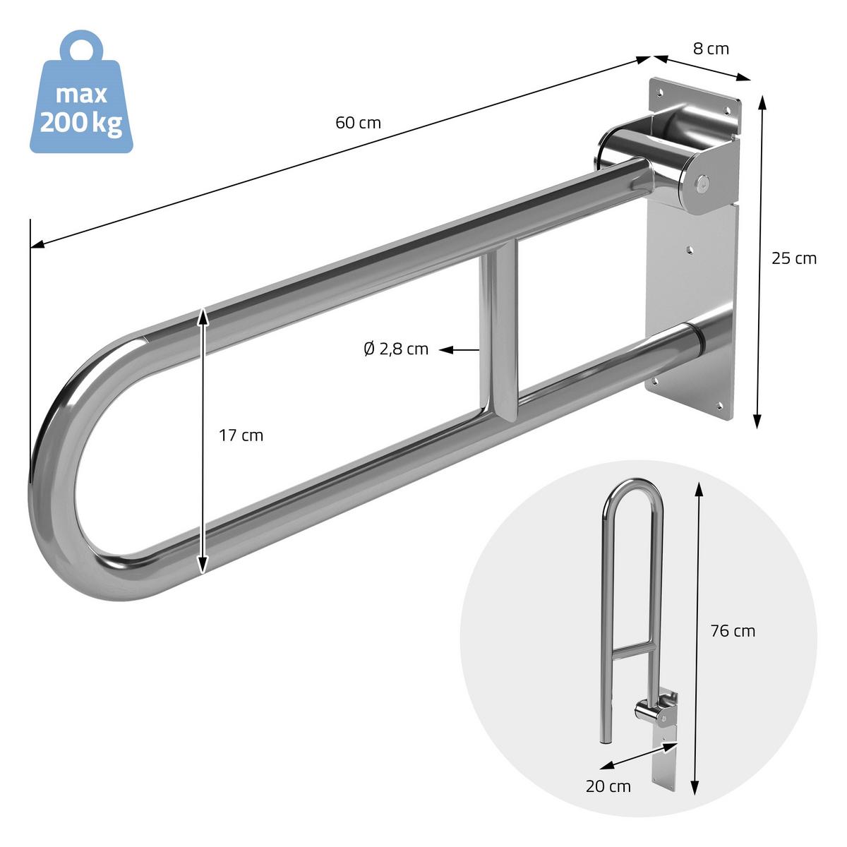 WC HALTEGRIFF 60 cm aus Edelstahl klappbar Belastbar bis 200 kg - Silberfarben, Metall (8/25/60cm) - ML-DESIGN