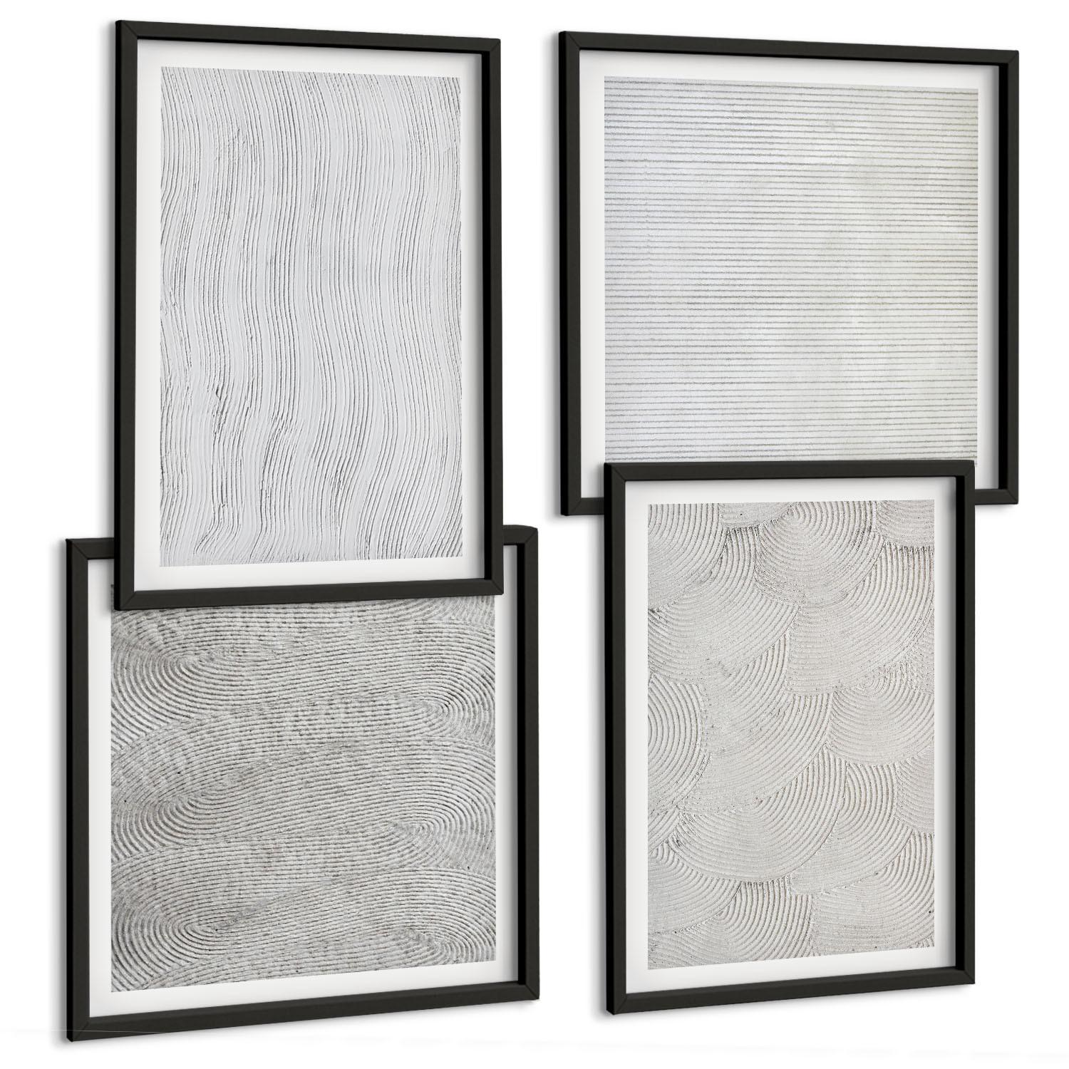 BILDER SET 4er Set - 50x50 cm & 40x60 cm Schwarzer Rahmen - Sandmuster geometrische Strukturen - Schwarz, Kunststoff (50/50cm) - TULUP