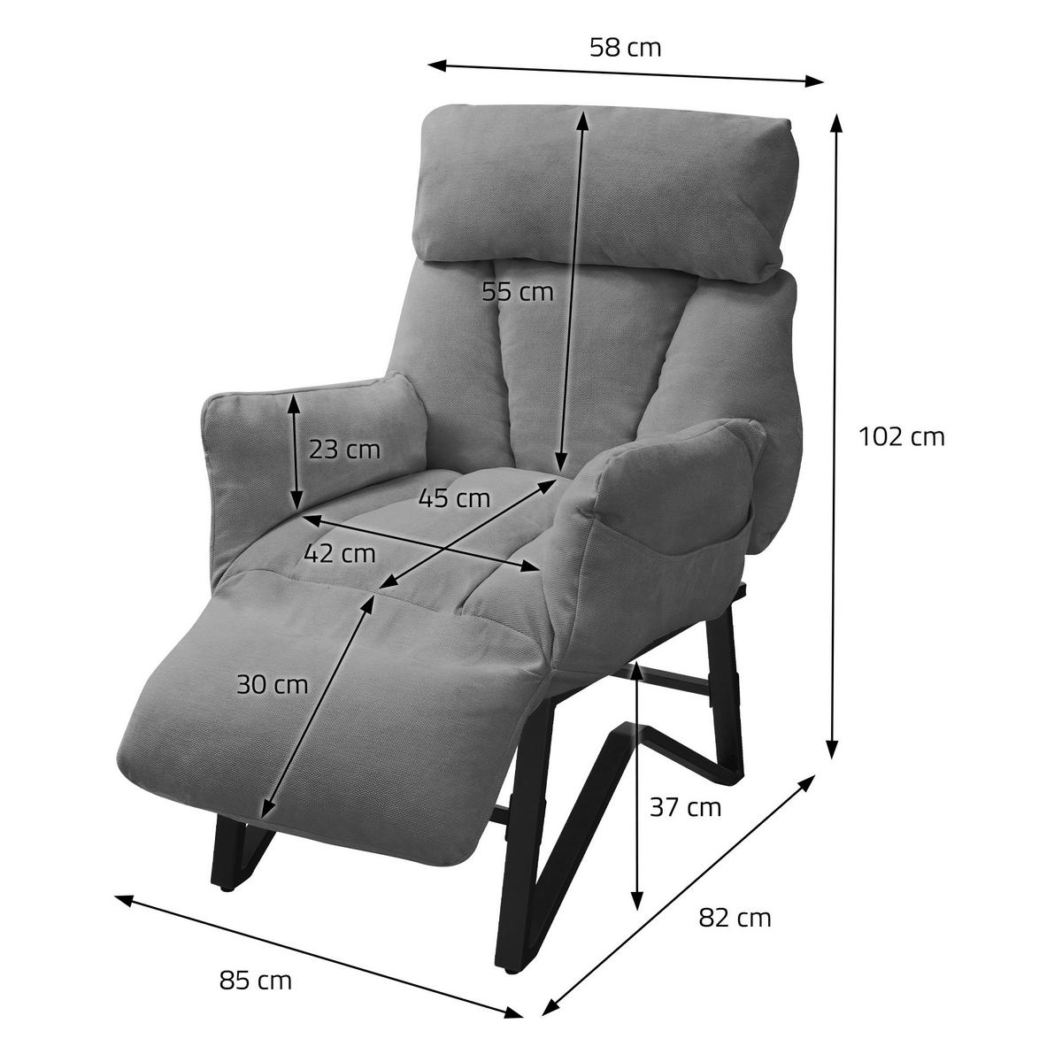 SESSEL mit Liegefunktion Grau Leinenbezug Relaxsessel verstellbar für Wohnzimmer - Schwarz/Grau, Textil/Metall (85/102/82cm) - ML-DESIGN