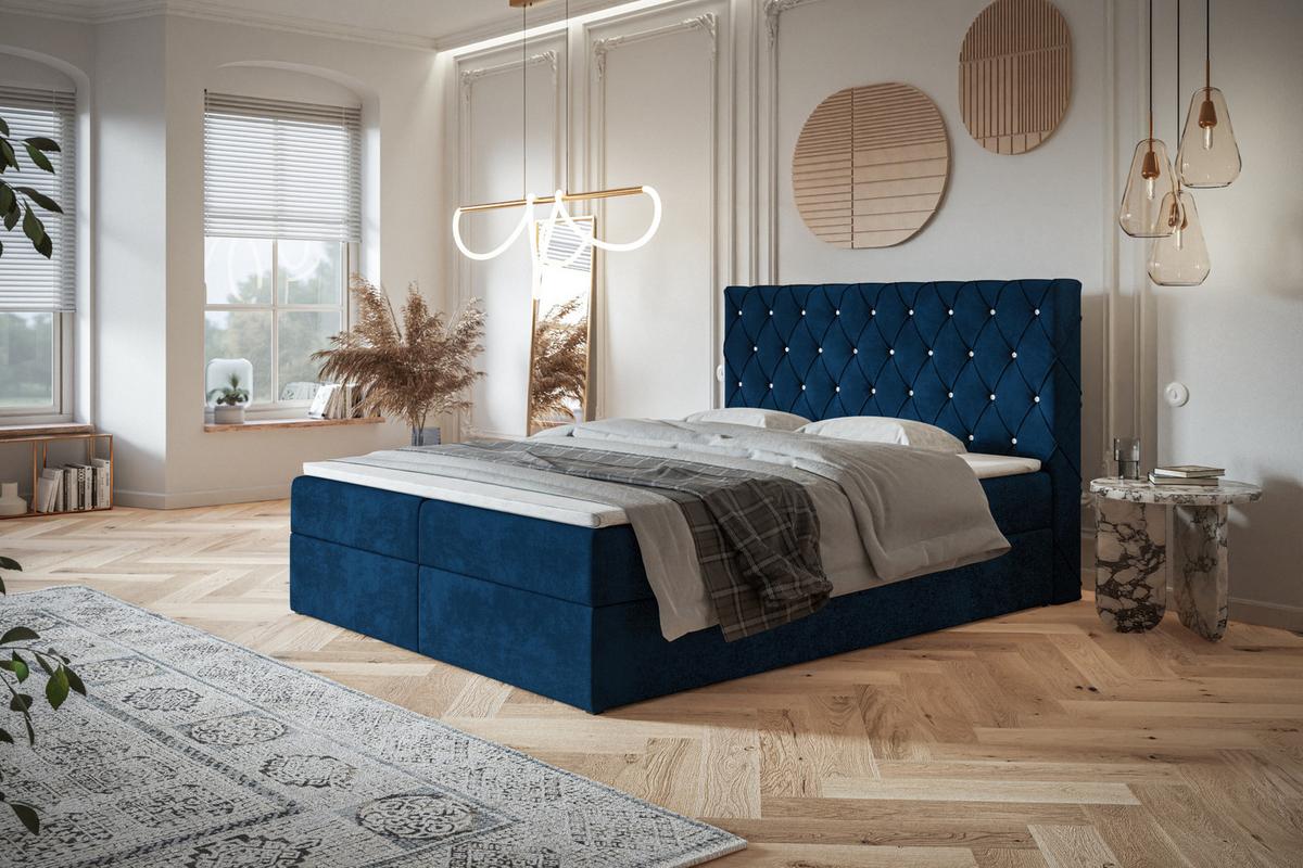 BOXBETT BOSTON mit 2 Bettkästen, 180x200, Farbe: Dunkelblau, Velourstoff, Doppelbett mit Bonell-Matratze - Dunkelblau, Holz/Kunststoff (180/200cm) - Alpi-Möbel