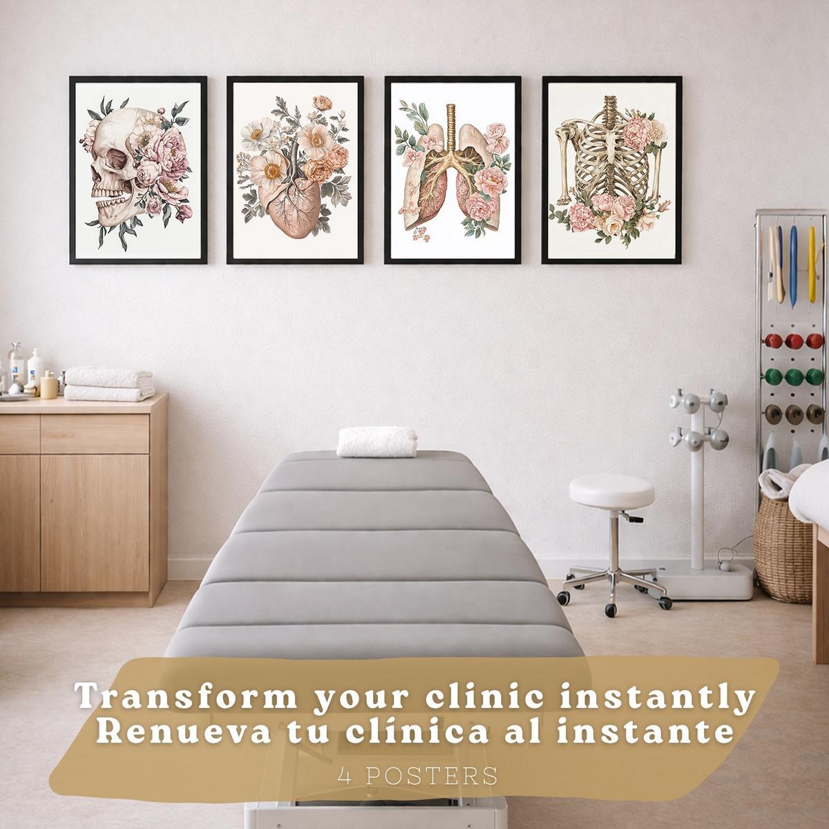POSTER Set aus 4 Anatomie Mensch Florale Drucke und mit Schädel Herz Lungen und Skelett Botanische Aquarell dekoration Größe Schwarzer Rahmen A4 - Schwarz, Papier (21/29.7/3cm) - Nacnic