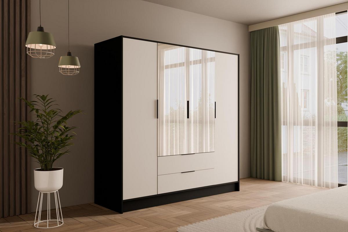 KLEIDERSCHRANK mit Spiegel und Flügeltüren KOLIN 200x200cm Schwarz / Weiß - Schwarz/Weiß, Holzwerkstoff (200/200/51cm) - ALTDECOR