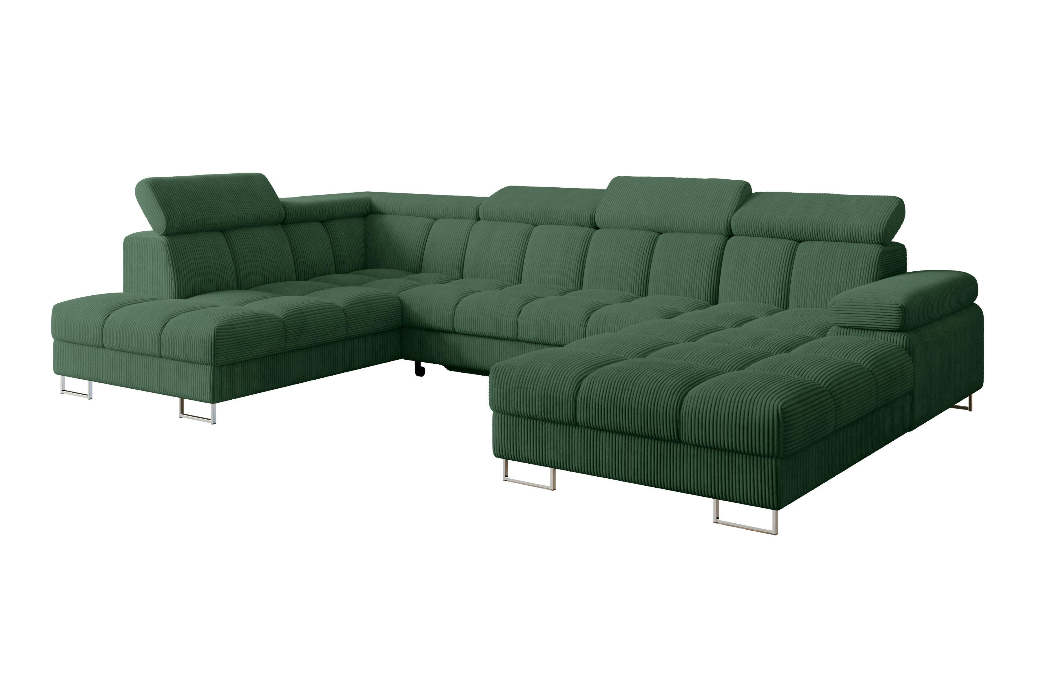 WOHNLANDSCHAFT mit Schlaffunktion und Bettkasten Ottomane Links COMA U 345x203x79 Grün Cord - Waldgrün, Holzwerkstoff/Textil (345/79/203cm) - ALTDECOR