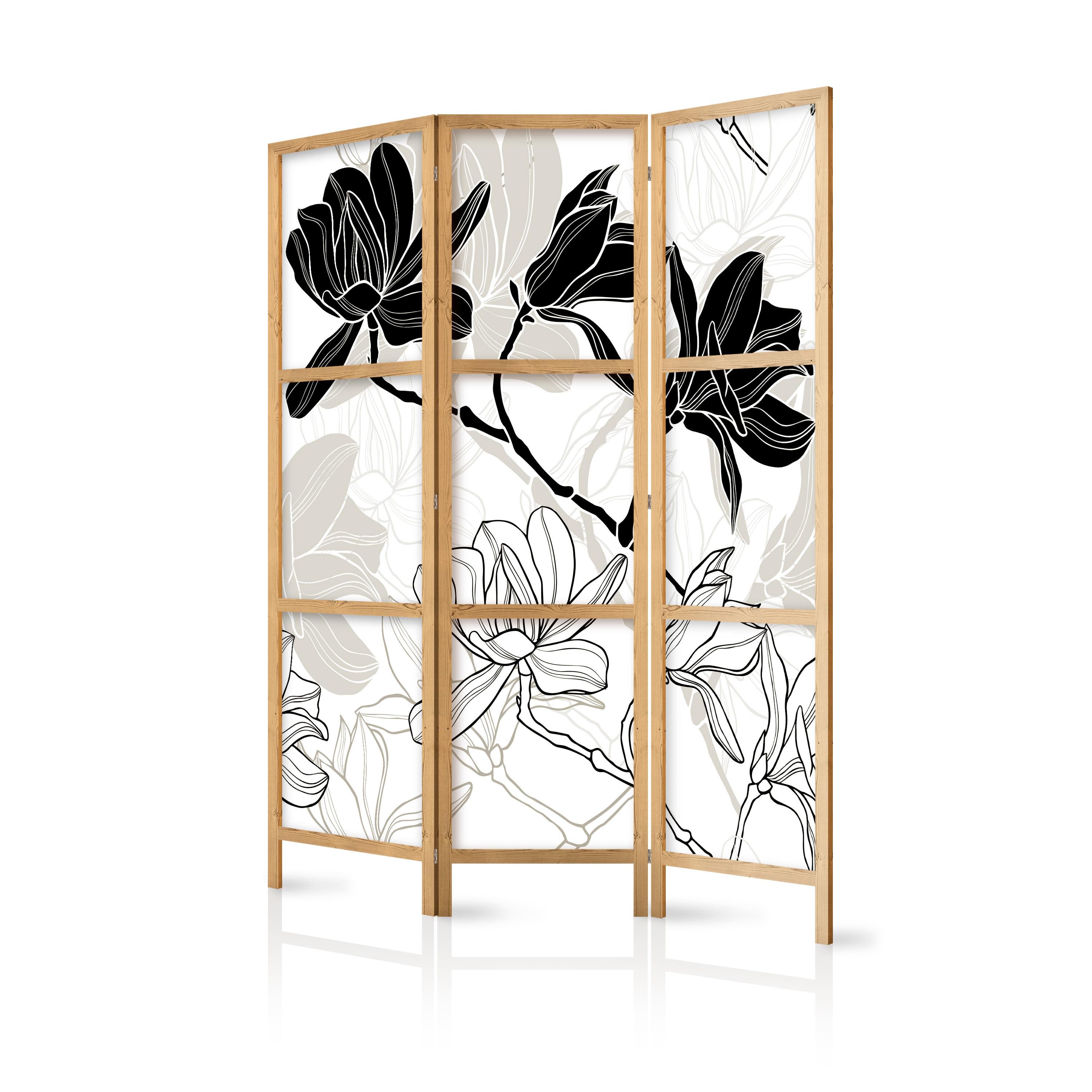 PARAVENT Japanischer 3-tlg 135x172 cm Schwarz-Wei e Magnolien - Weiß, Holz/Textil (135/172/3cm) - Muralo