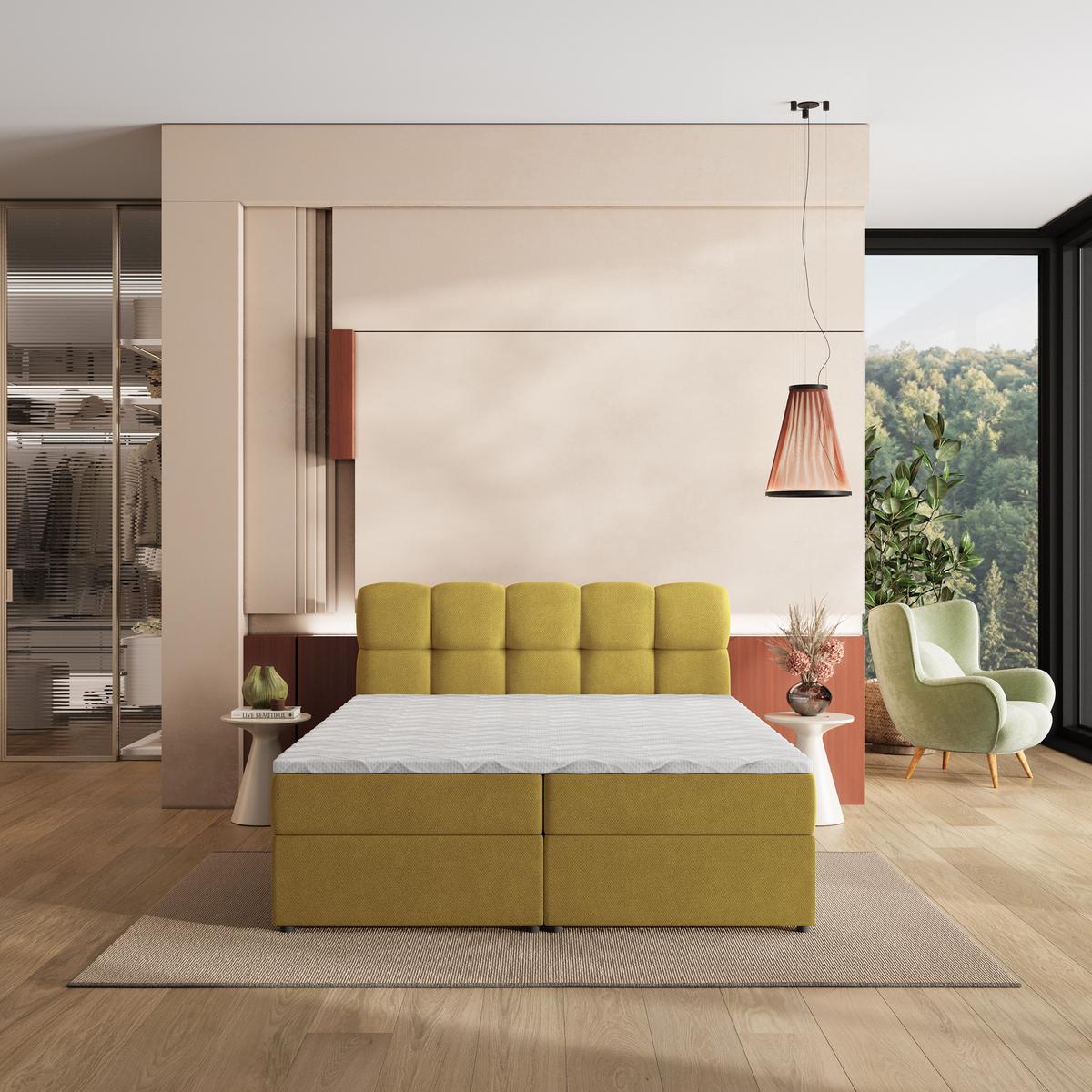 BOXBETT MERU 200x200 cm mit Matratze und Topper, H2+H3 - Gelb - Gelb, Holz (200/200cm) - MASSENO