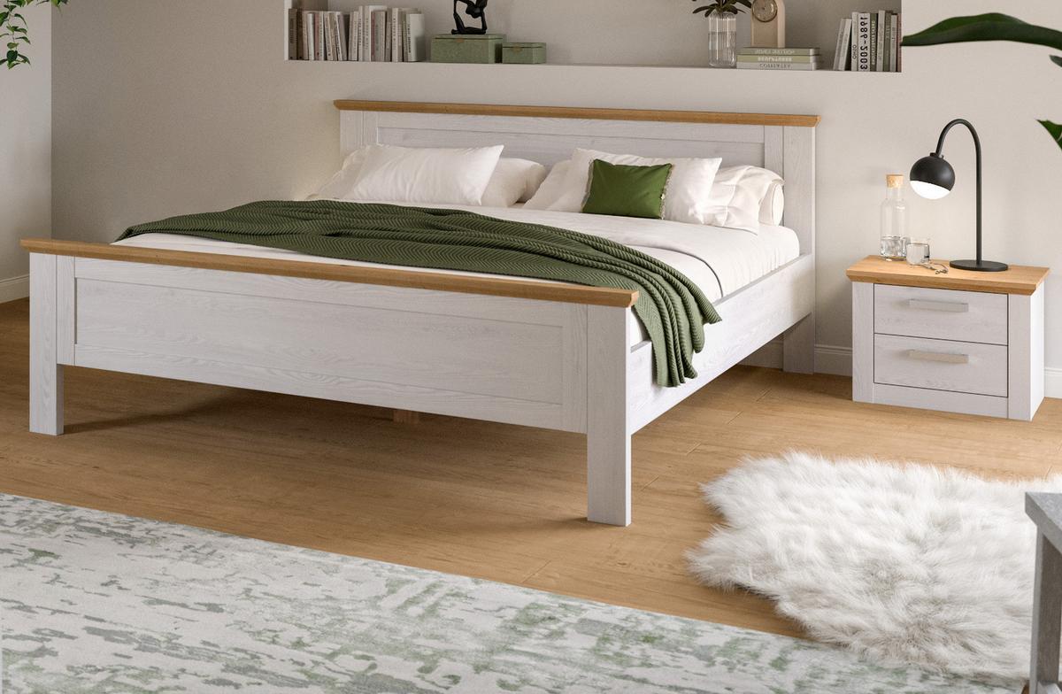 SCHLAFZIMMER weiß Lärche, Eiche Artisan Landhaus Set mit Bett 180 x 200 cm und Nachttisch - Eichefarben/Silberfarben, Holzwerkstoff/Kunststoff (180/200cm) - Inn.Furn
