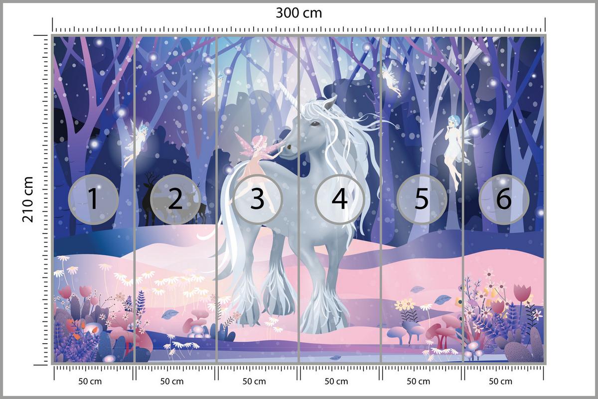 FOTOTAPETE für Kinderzimmer Einhorn Feen Magischer Wald 300x210 - Blau/Violett, Papier (300/210cm) - Muralo